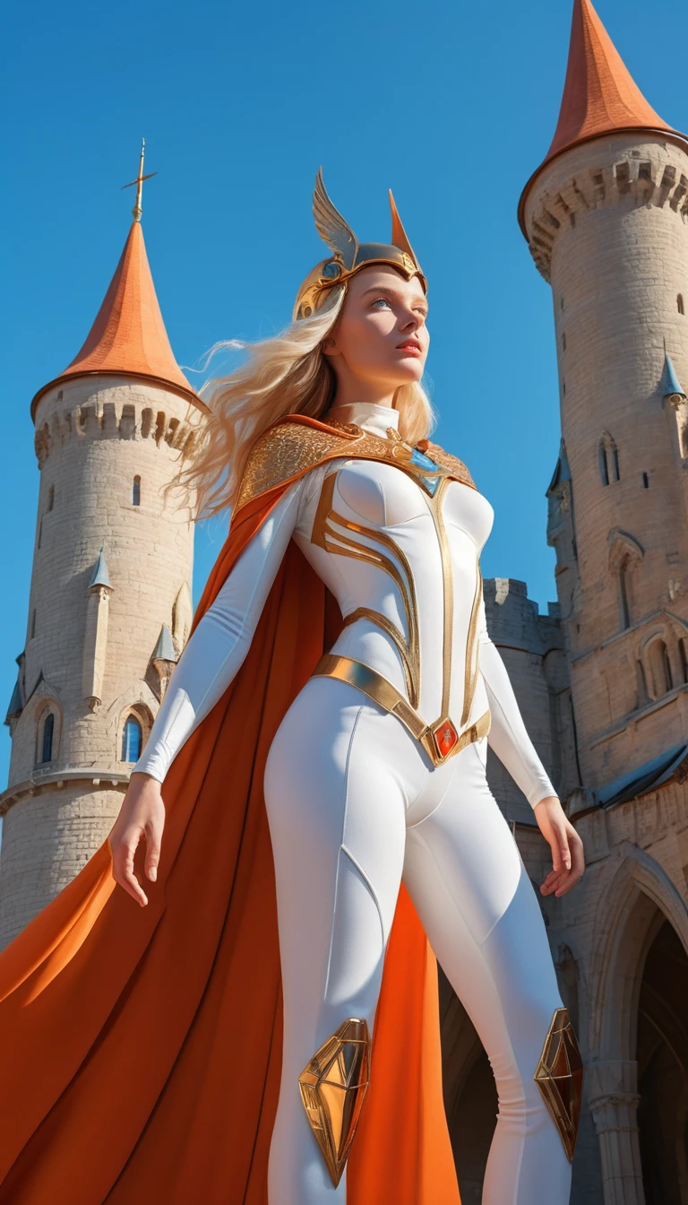 Donna bionda eroica davanti a un castello fantasy illuminato dal sole