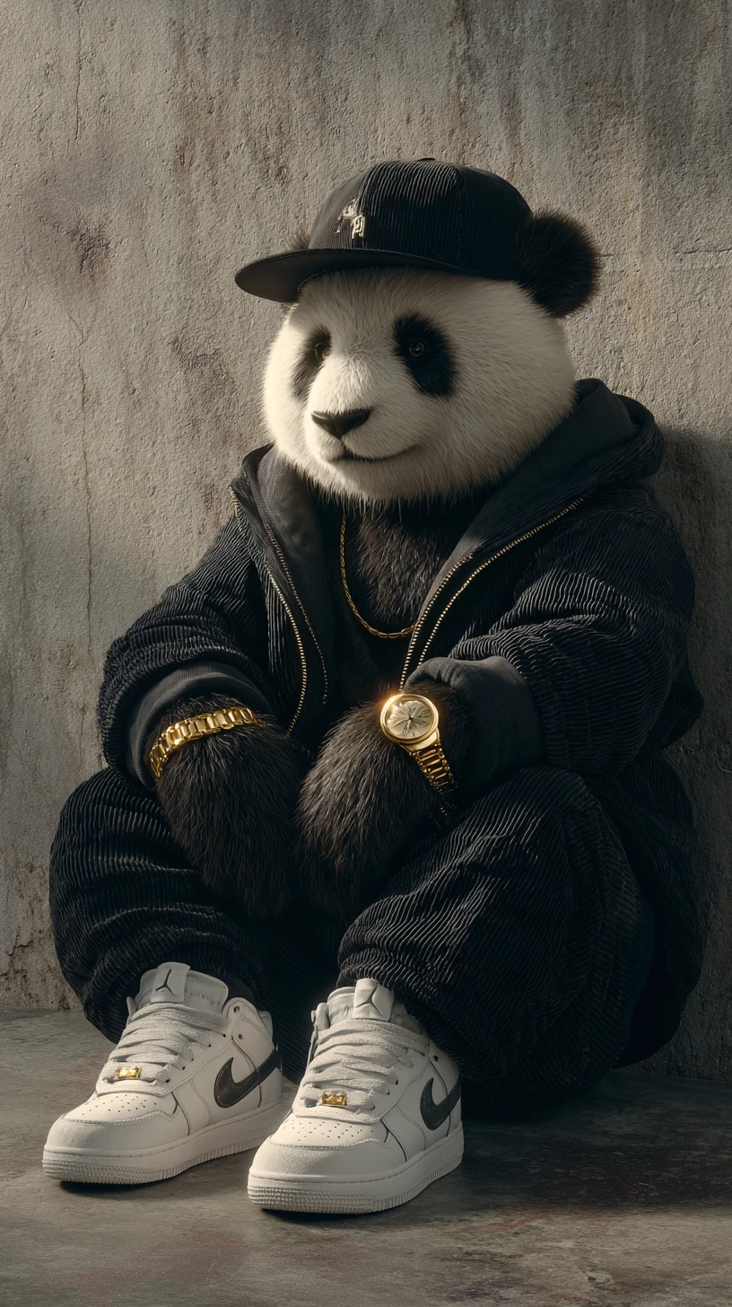 Anthropomorphic panda in tracksuit in minimalist urban loft