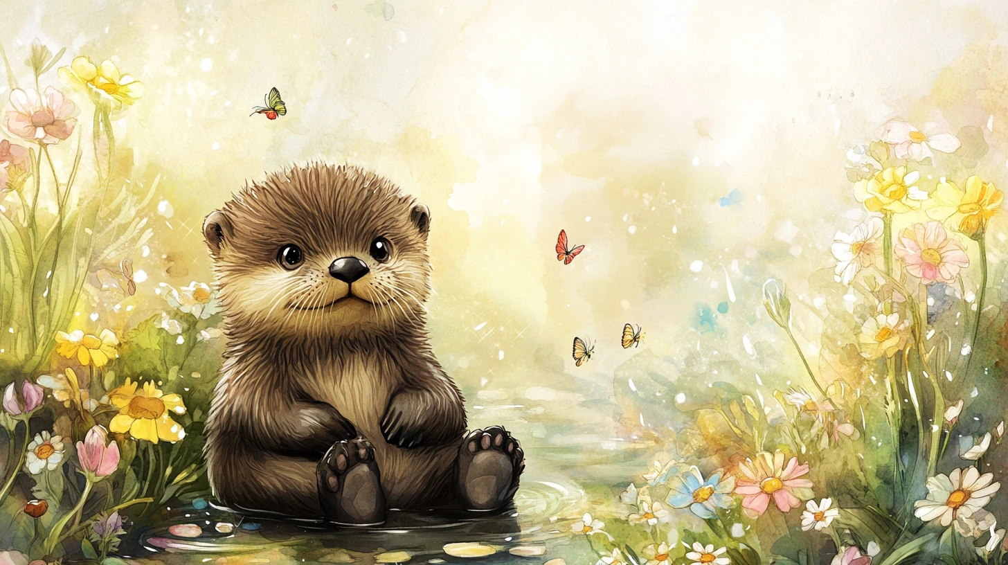 Niedliches Baby-Otter in Aquarellwiese Illustration