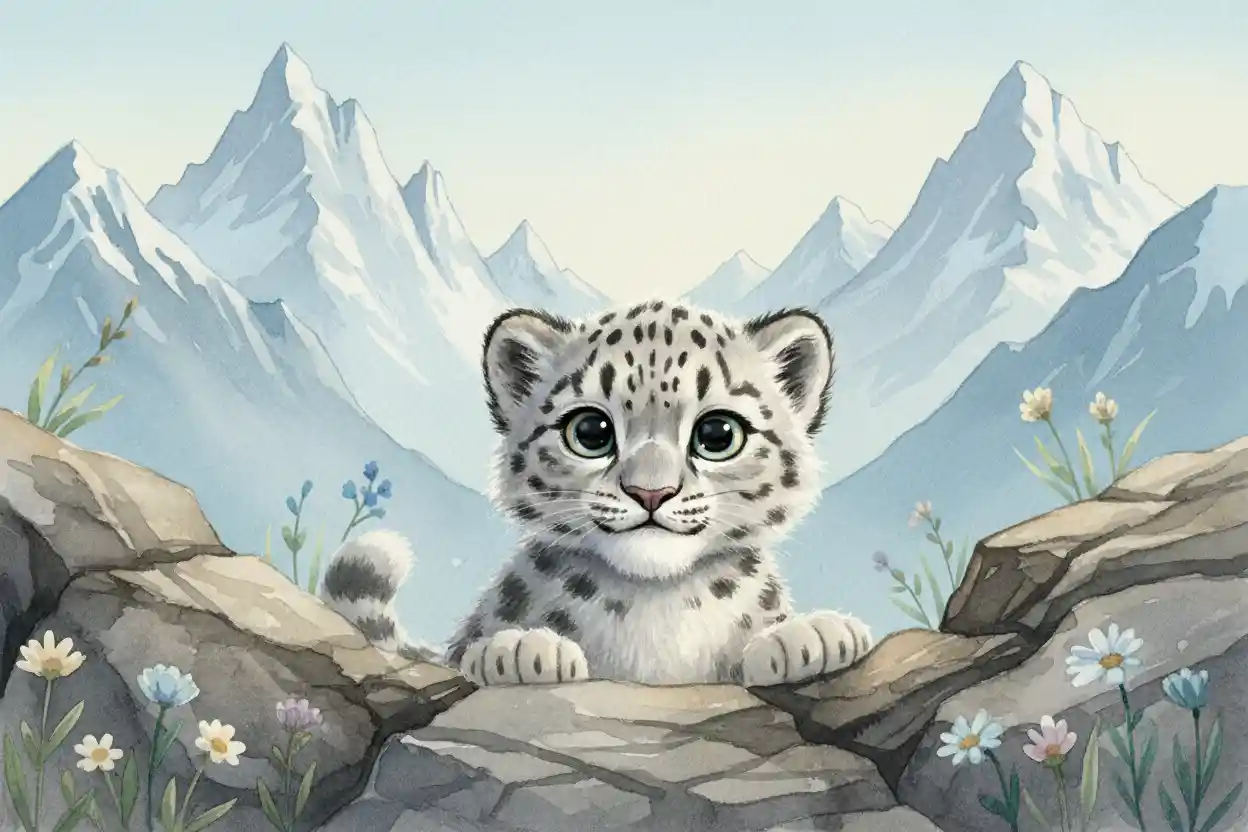 Bébé léopard des neiges regardant entre les rochers dans une prairie alpine
