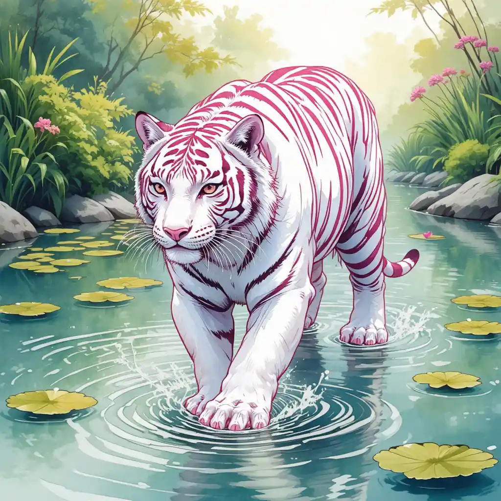 Ilustração de tigre branco caminhando por um lago brilhante em aquarela