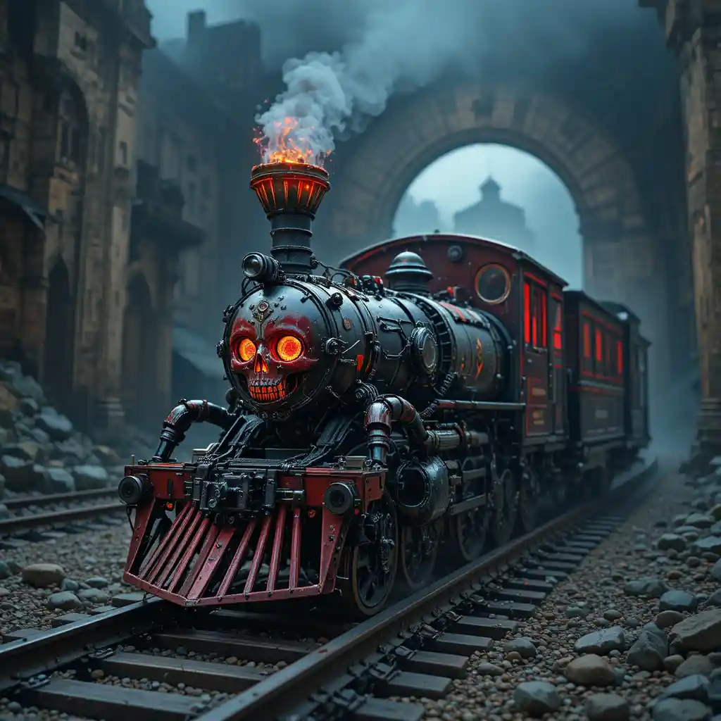 Trem besouro mecânico chegando ao portão flamejante do inferno