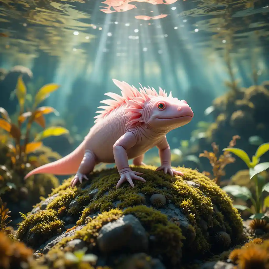Axolotl rose sur rocher moussu dans un lac d’eau douce cristalline