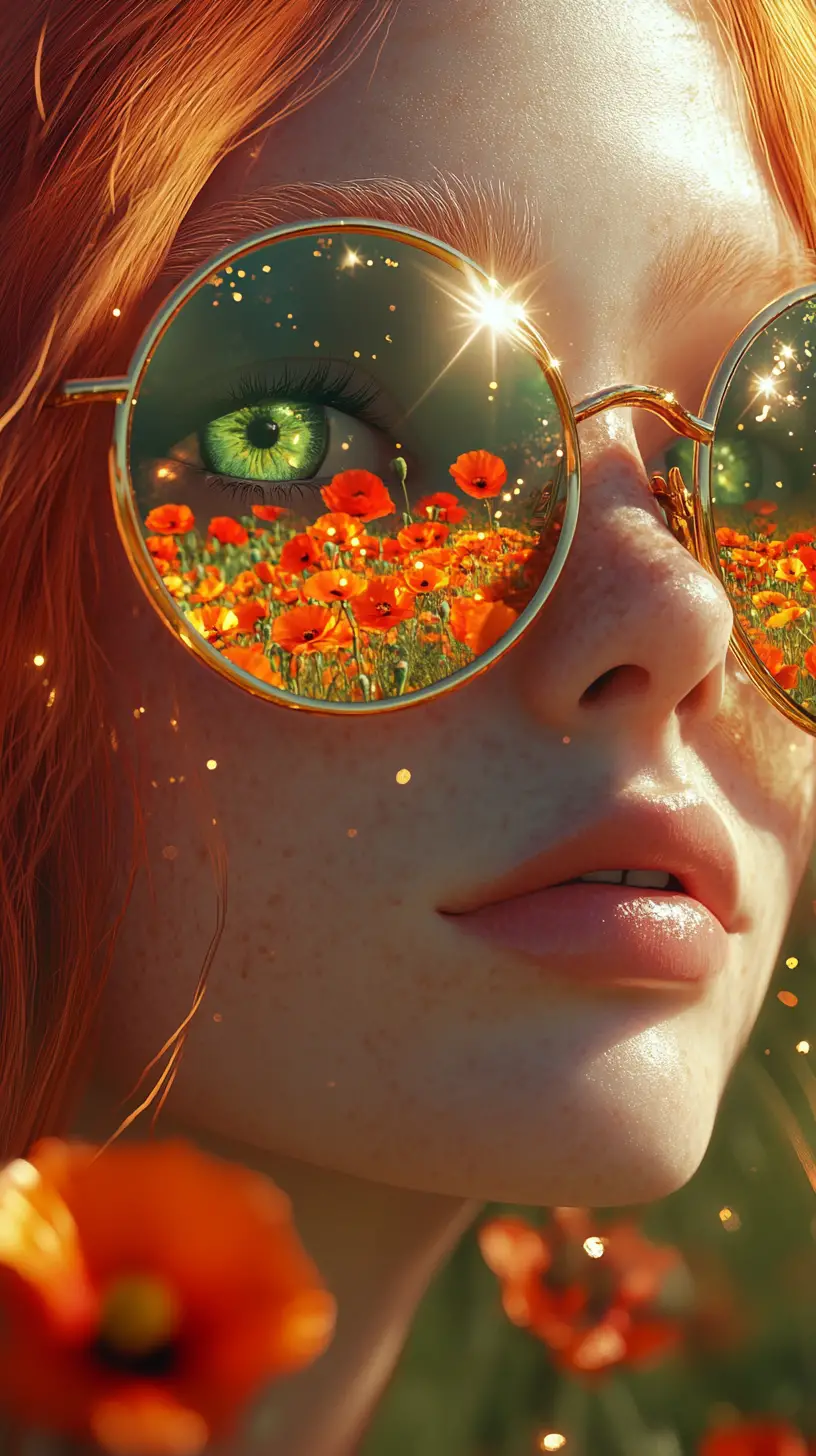 Anime girl with floral reflections in golden glasses