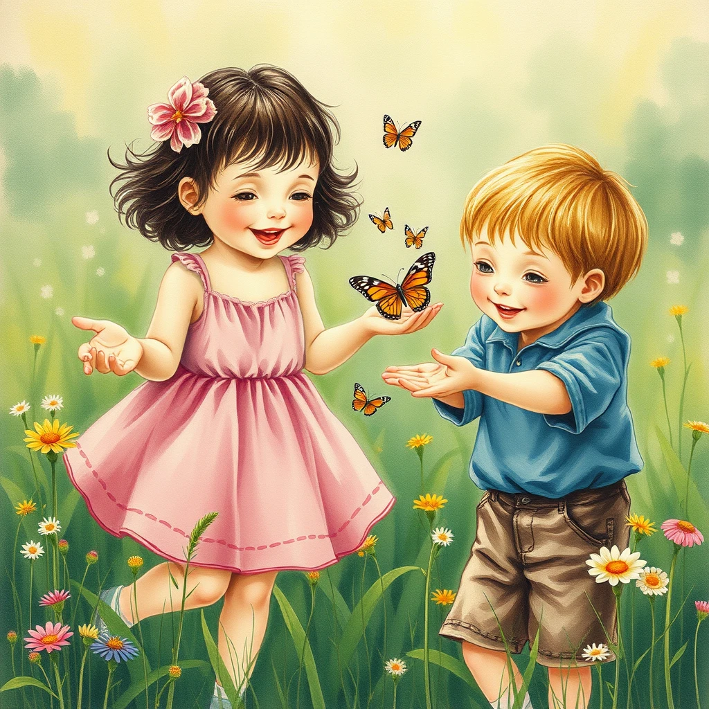 Deux enfants avec des papillons dans une prairie luxuriante - peinture