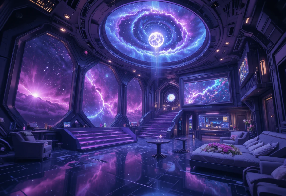 Casa futurista iluminada por luz de nebulosa cósmica em espiral