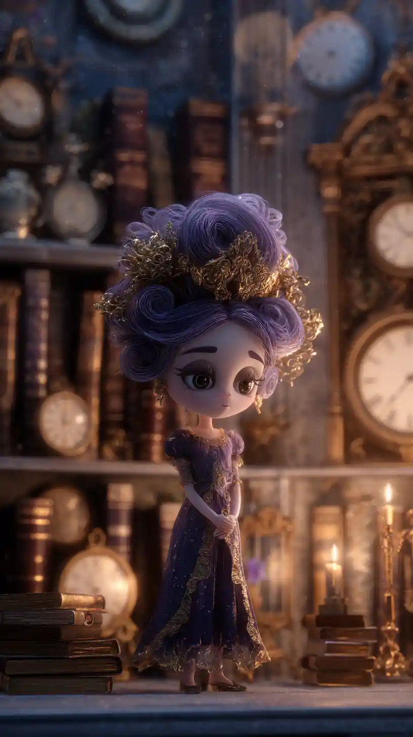 Whimsical porcelain doll in an ornate candlelit room