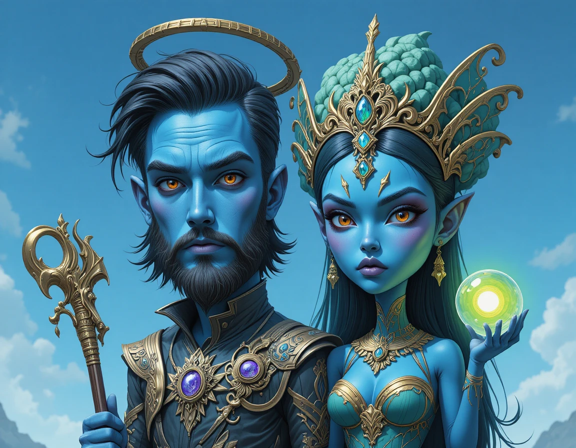 Blue skinned duo with halo staff and glowing orb