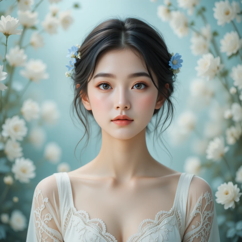 Young Asian woman with blue flowers in soft romantic portrait