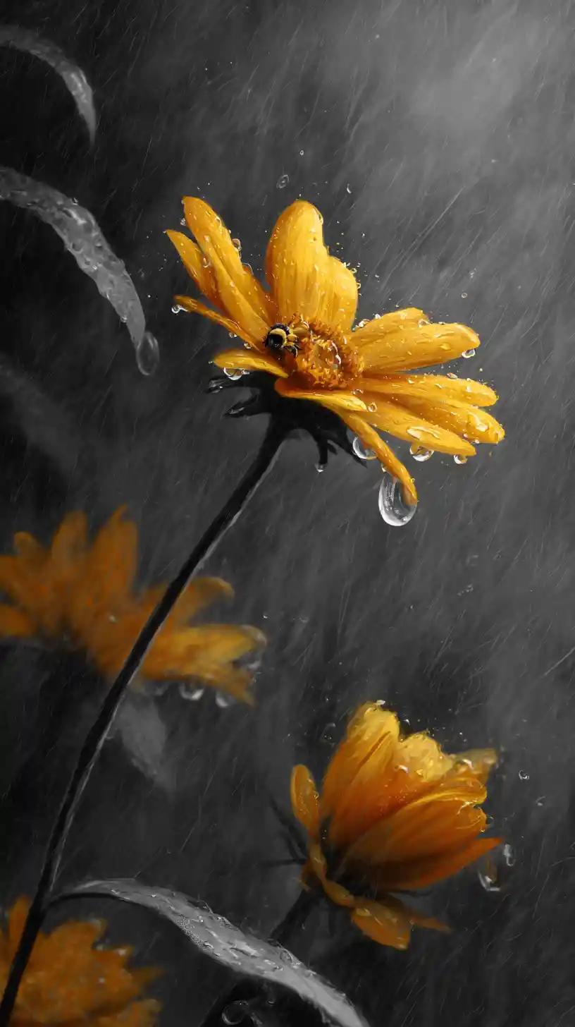 Macro bumble bee on sunflower petal in the rain