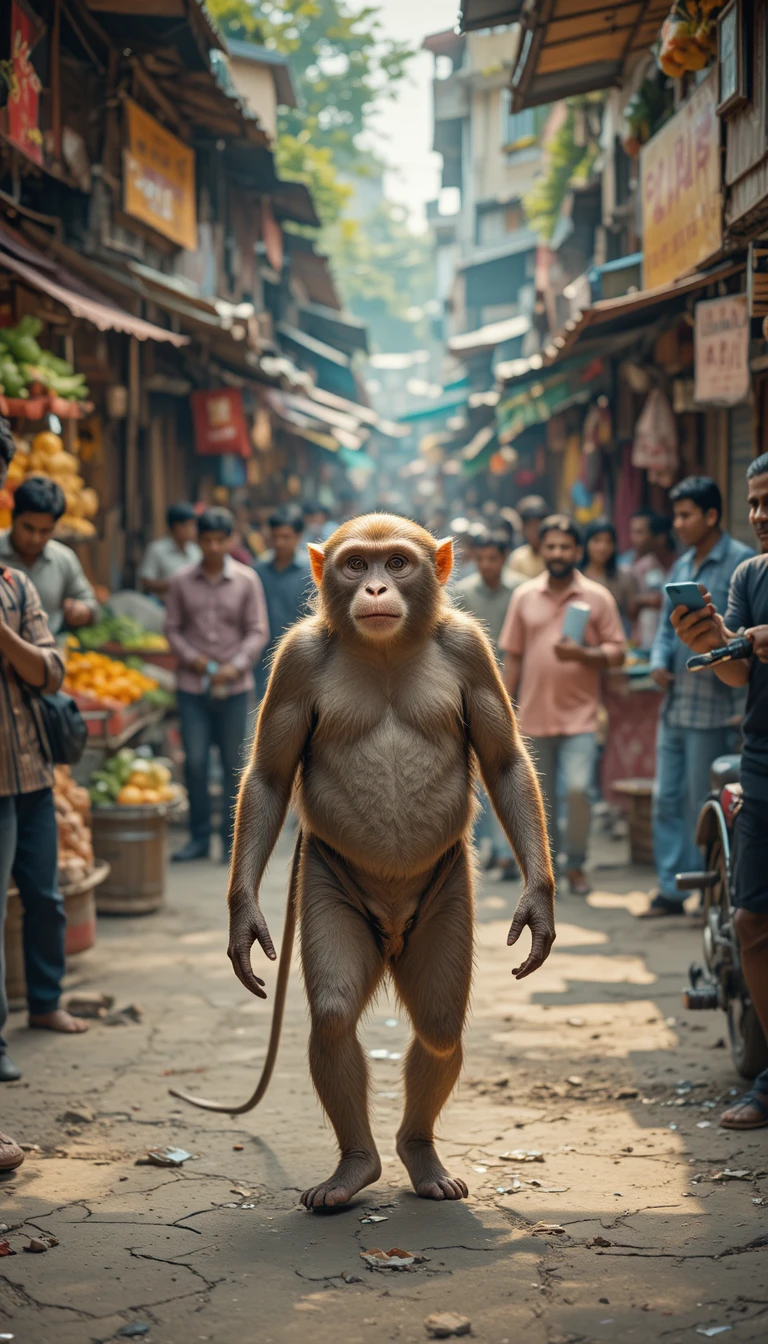 Macaco Andando Ereto em Mercado de Rua Movimentado na Índia