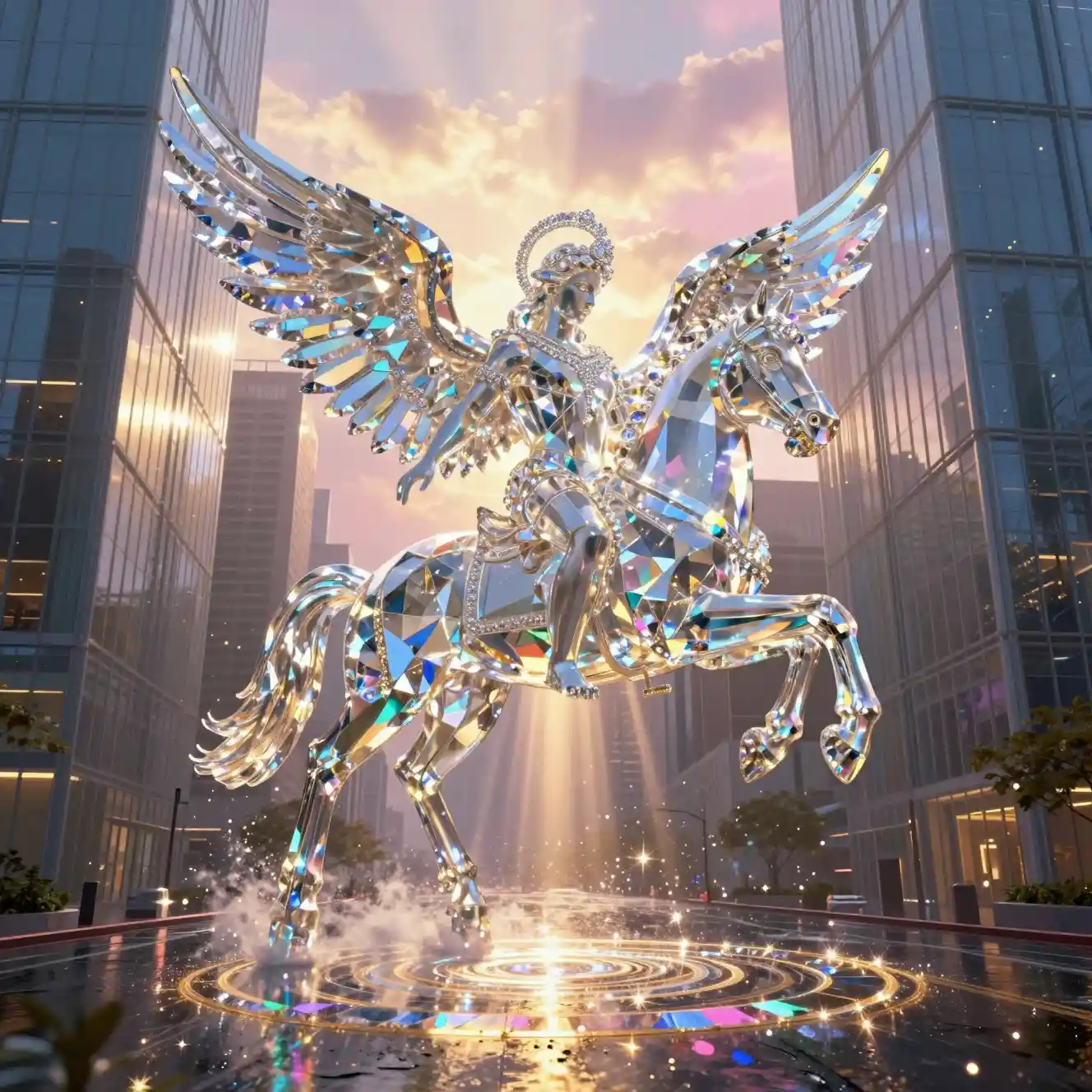 Colossal diamond angel statue leaping above rainy cityscape