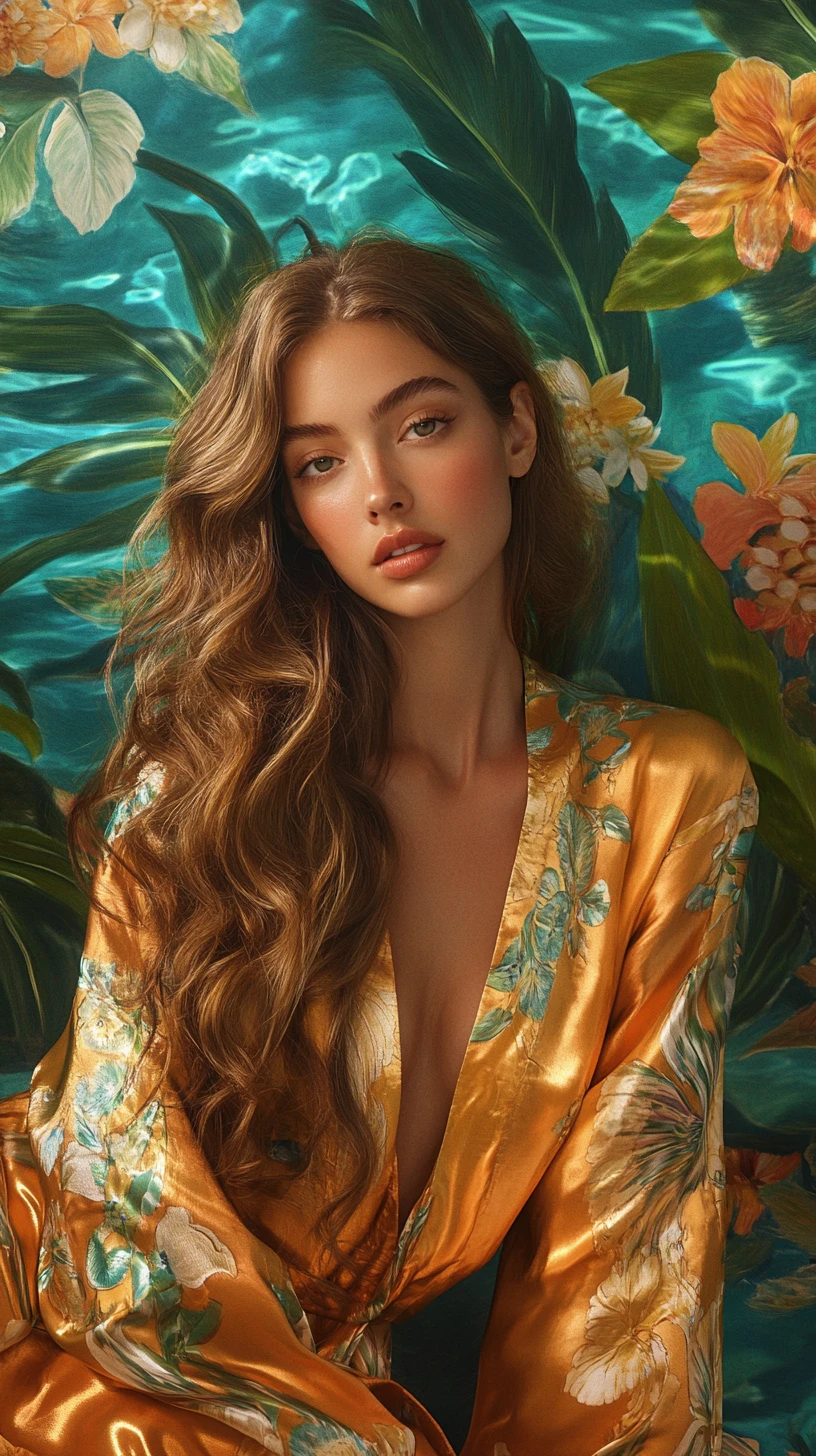 Frau im seidigen Kimono an tropischem Wasser vor floraler Wand