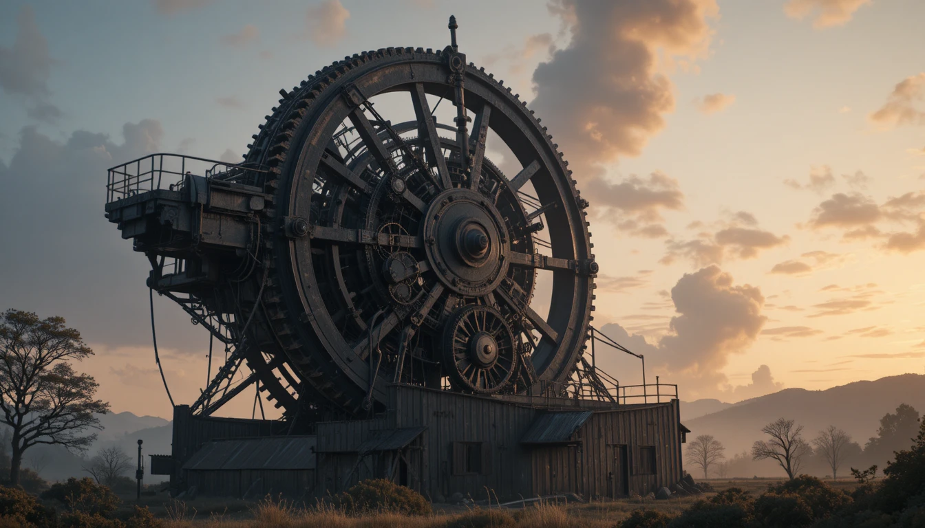 Meccanismo a orologeria steampunk sopra un laboratorio abbandonato al crepuscolo