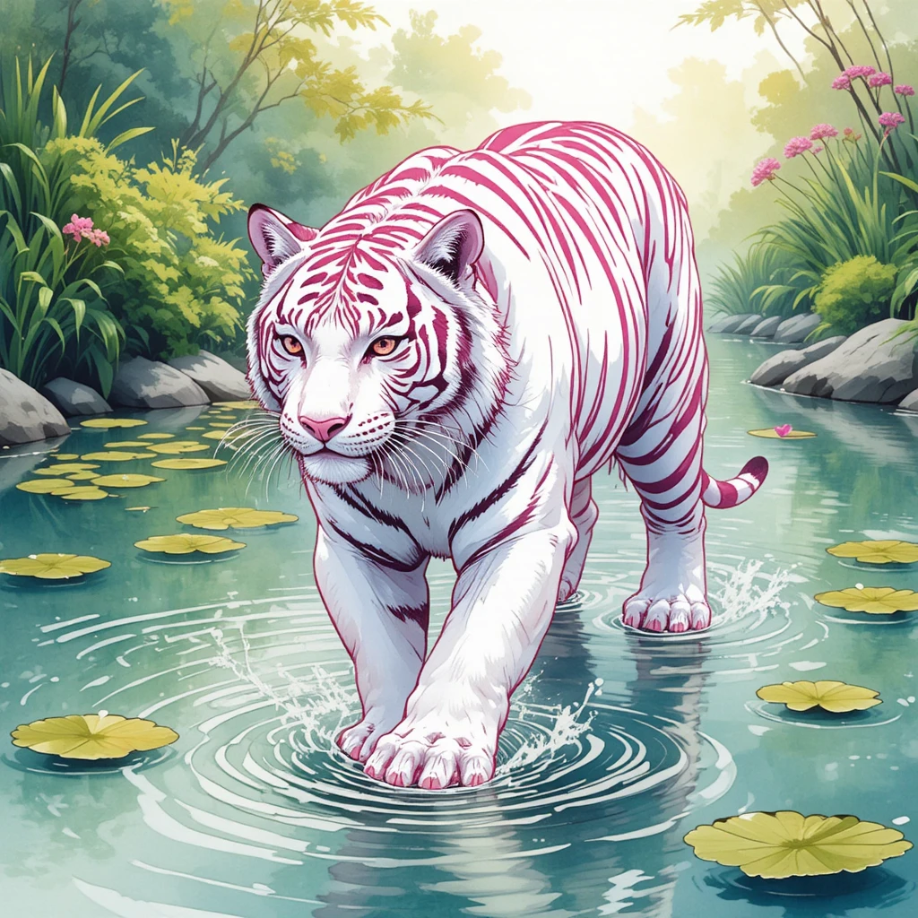 Illustration d’un tigre blanc marchant dans un étang lumineux à l’aquarelle