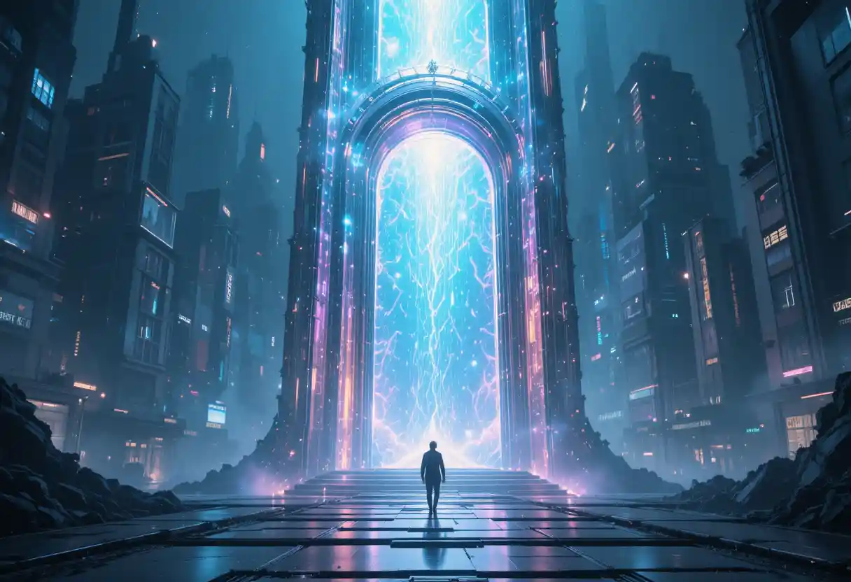 Portal Brilhante no Coração de uma Cidade Futurista