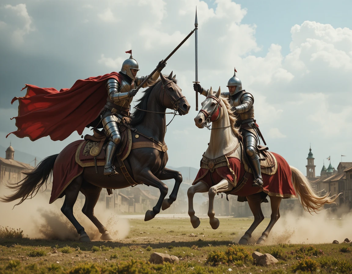 Zwei Ritter des Mittelalters beim dramatischen Frontal-Lanzenstechen