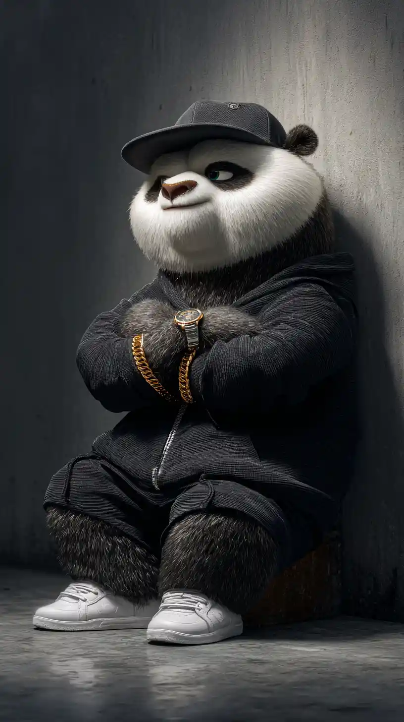 Stylish Anthropomorphic Panda In Black Tracksuit And Jewelry