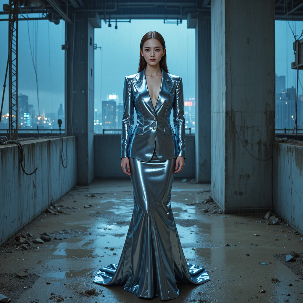 Korean woman in chrome tuxedo gown in industrial interior