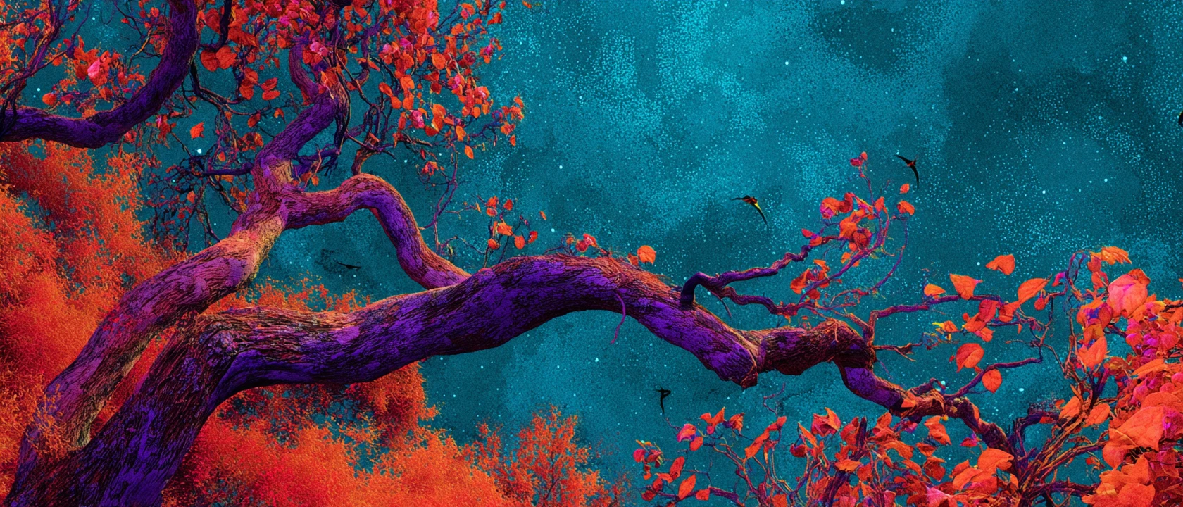 Paisagem marinha surreal e alegre em tons vibrantes de laranja e índigo