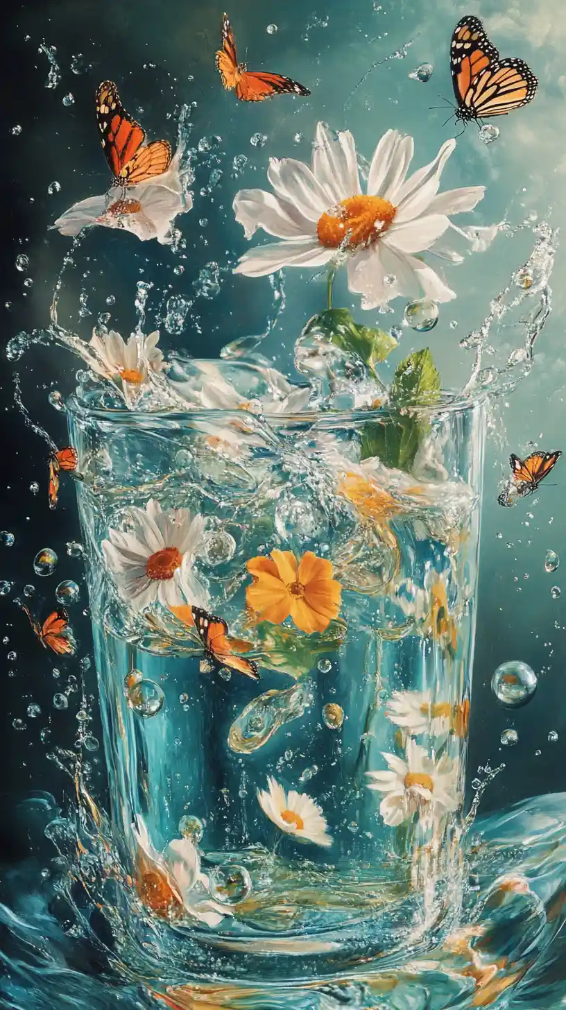 Surrealer türkisfarbener Bleistift unter Wasser mit Gänseblümchen und Schmetterlingen