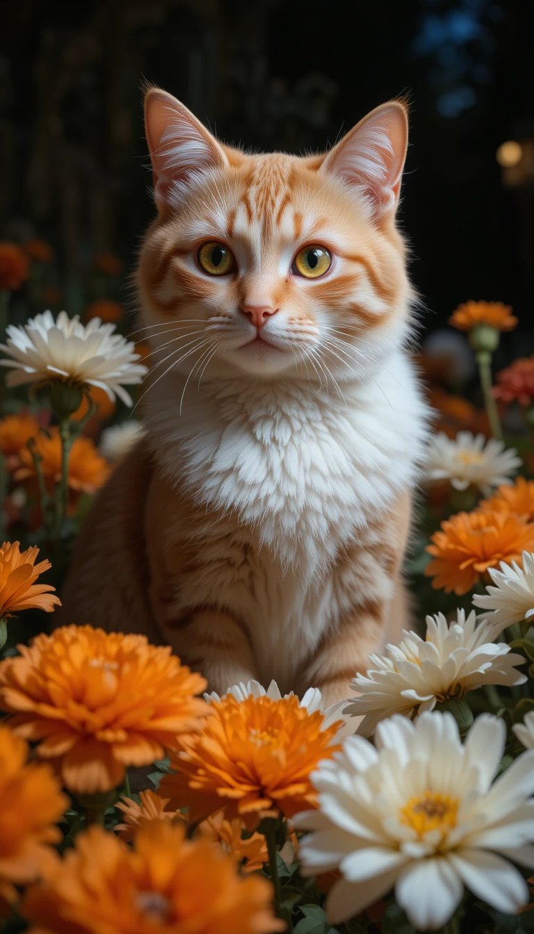 Gato laranja malhado entre cravos em uma noite silenciosa