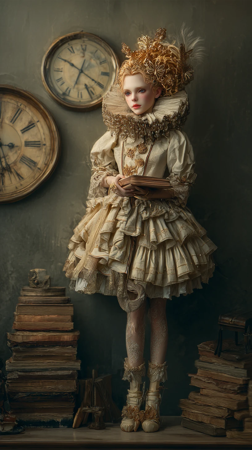 Porcelain doll girl in a dim candlelit room with clocks