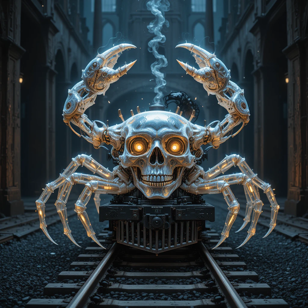 Hybrid skull creature at fiery gates of hell railway