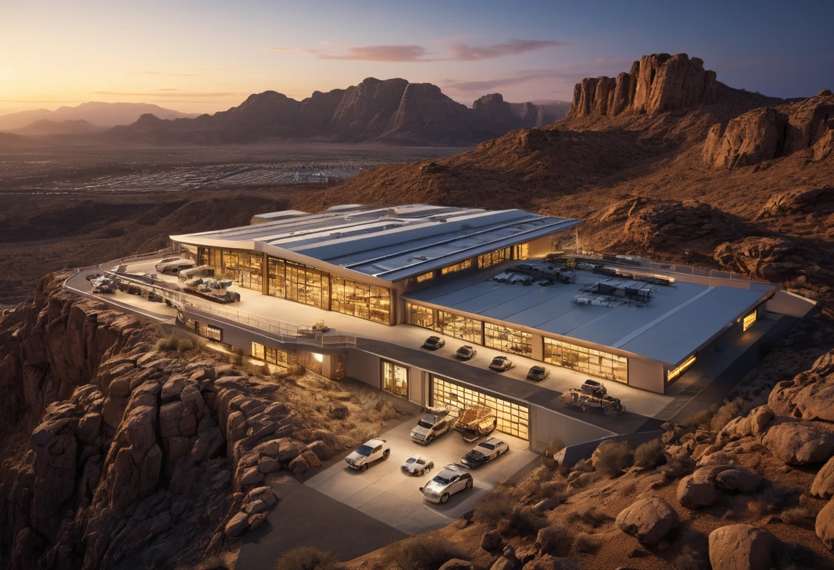 Base de hangar de alta tecnologia brilhando sobre o deserto ao pôr do sol