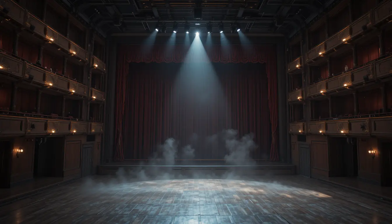 Sala de teatro vazia com cortinas fechadas e único holofote