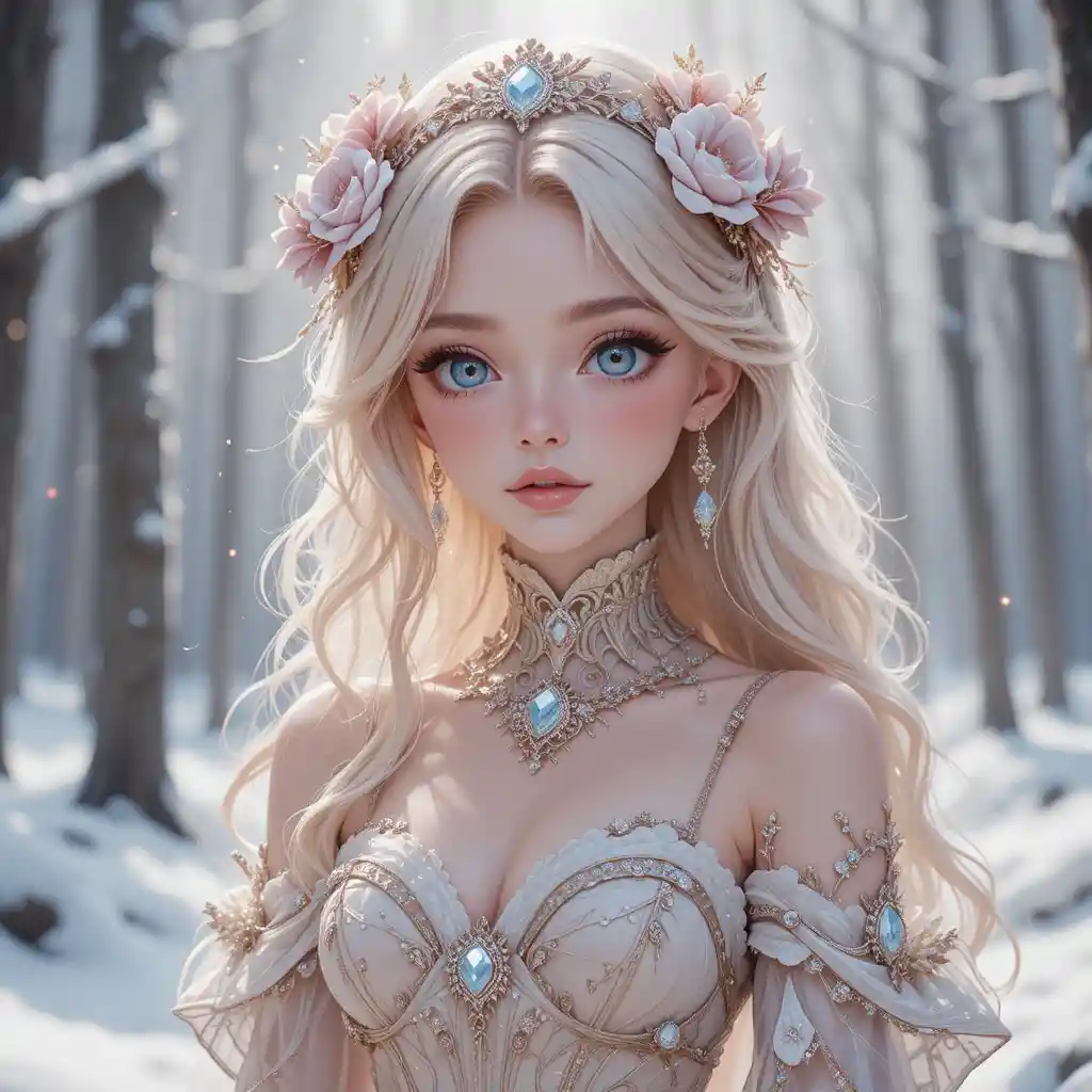 Fille d’anime en robe ornée dans une forêt de fantasy enneigée