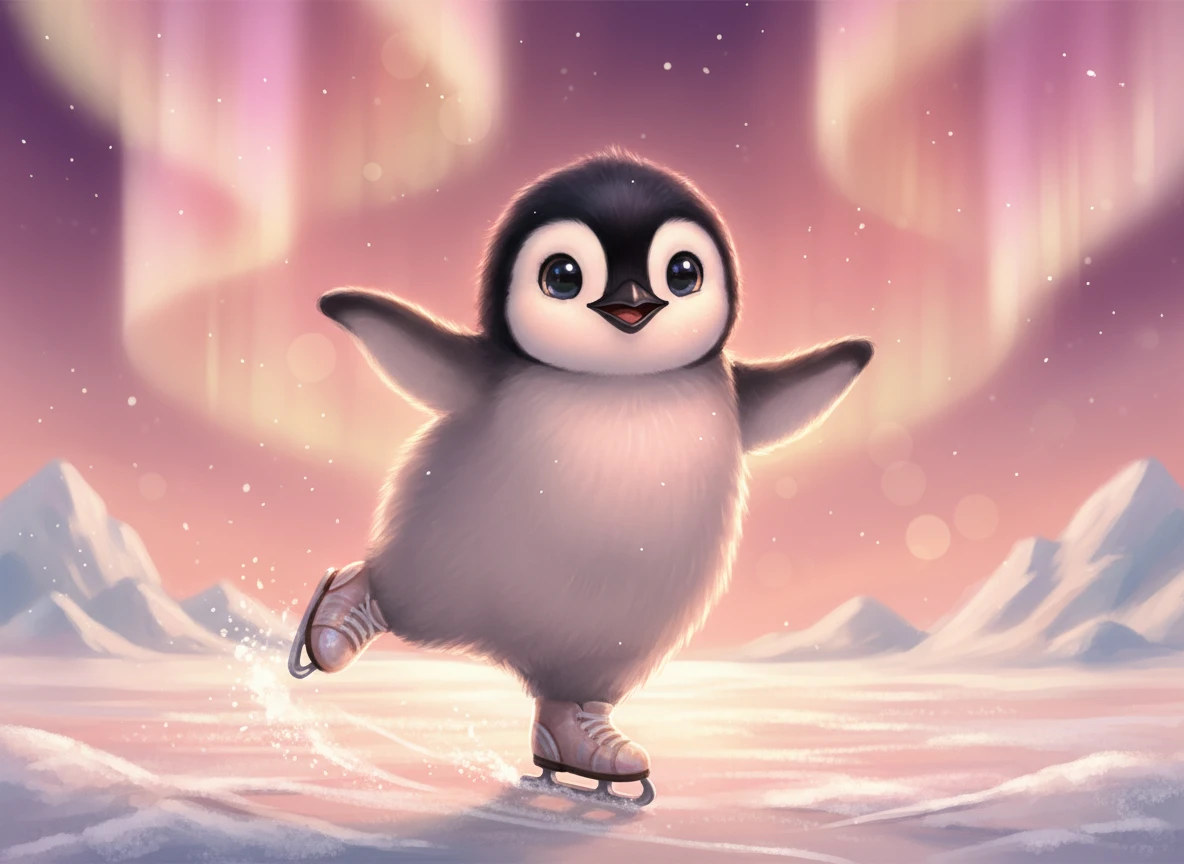 貝殻スケートで踊るごきげんな赤ちゃんペンギン