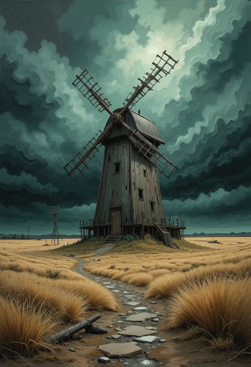 Alte hölzerne Windmühle auf einem kargen Feld unter stürmischen Wolken