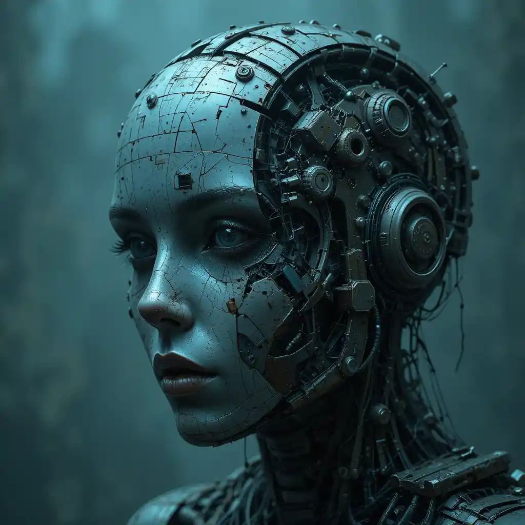 Zerbrochenes Androidengesicht im Glitch-Art-Stil dystopischen Verfalls