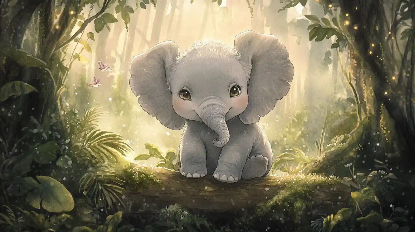 Adorable bébé éléphant dans une douce scène de jungle en aquarelle