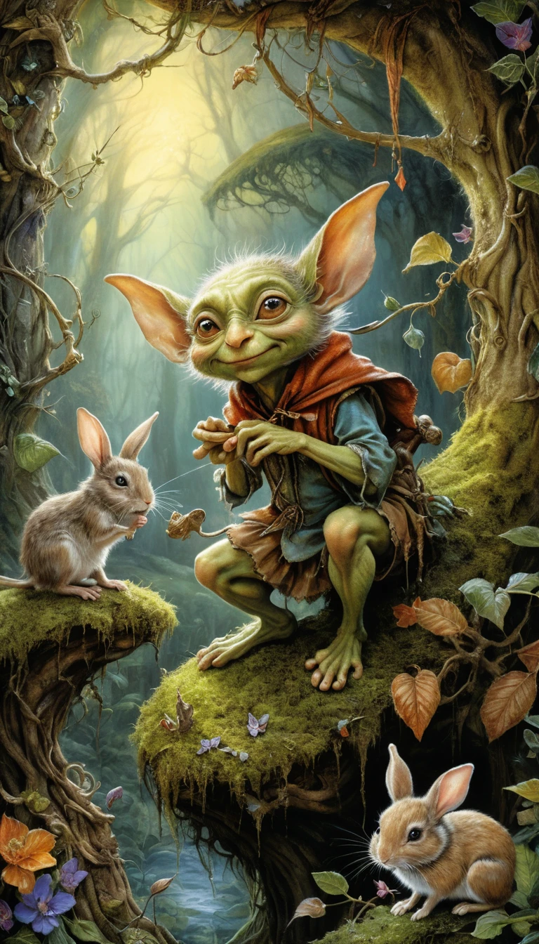 Duende brincalhão com pequeno rato e coelho na floresta