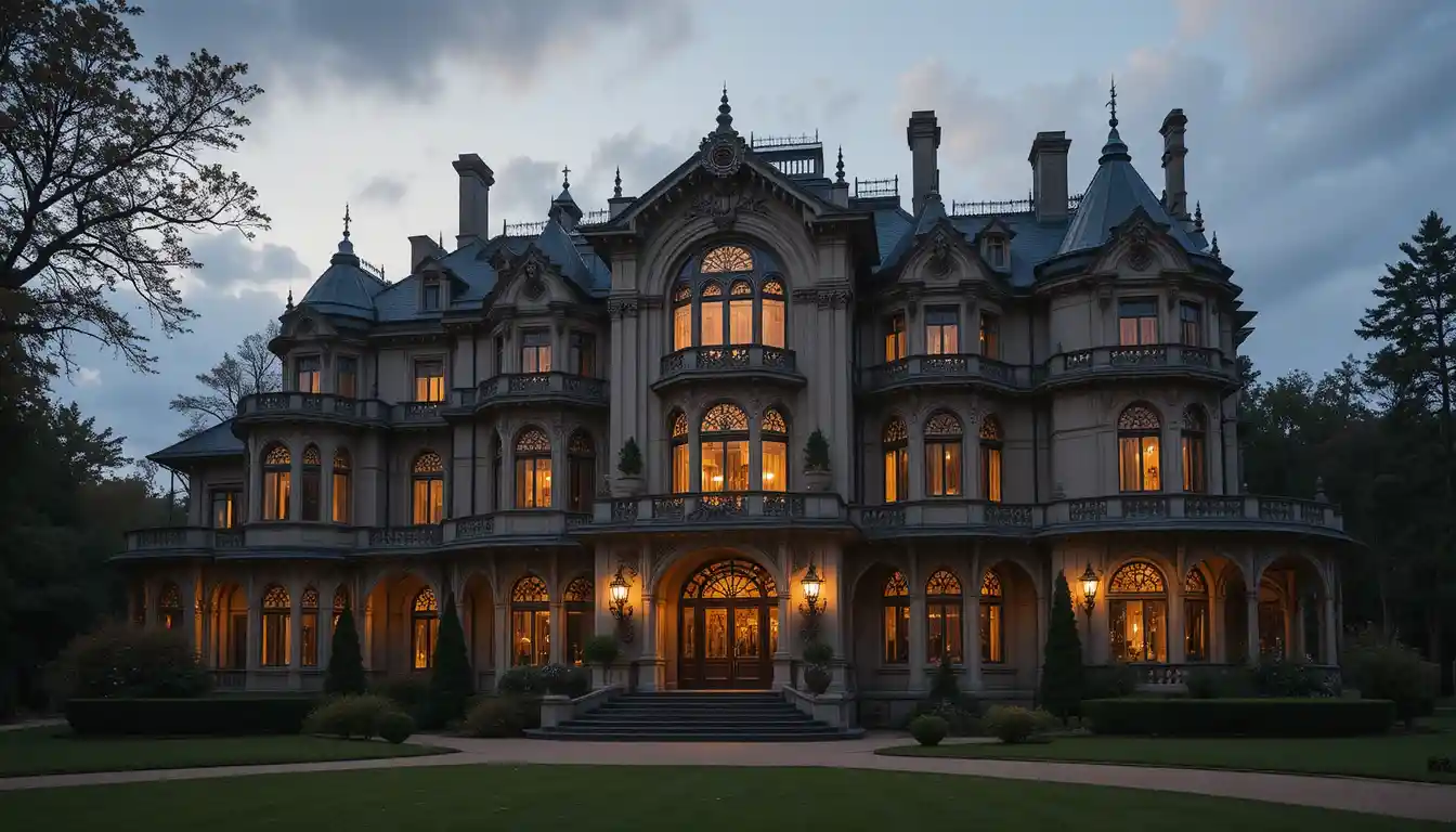 Grand art nouveau mansion in a calm countryside night scene