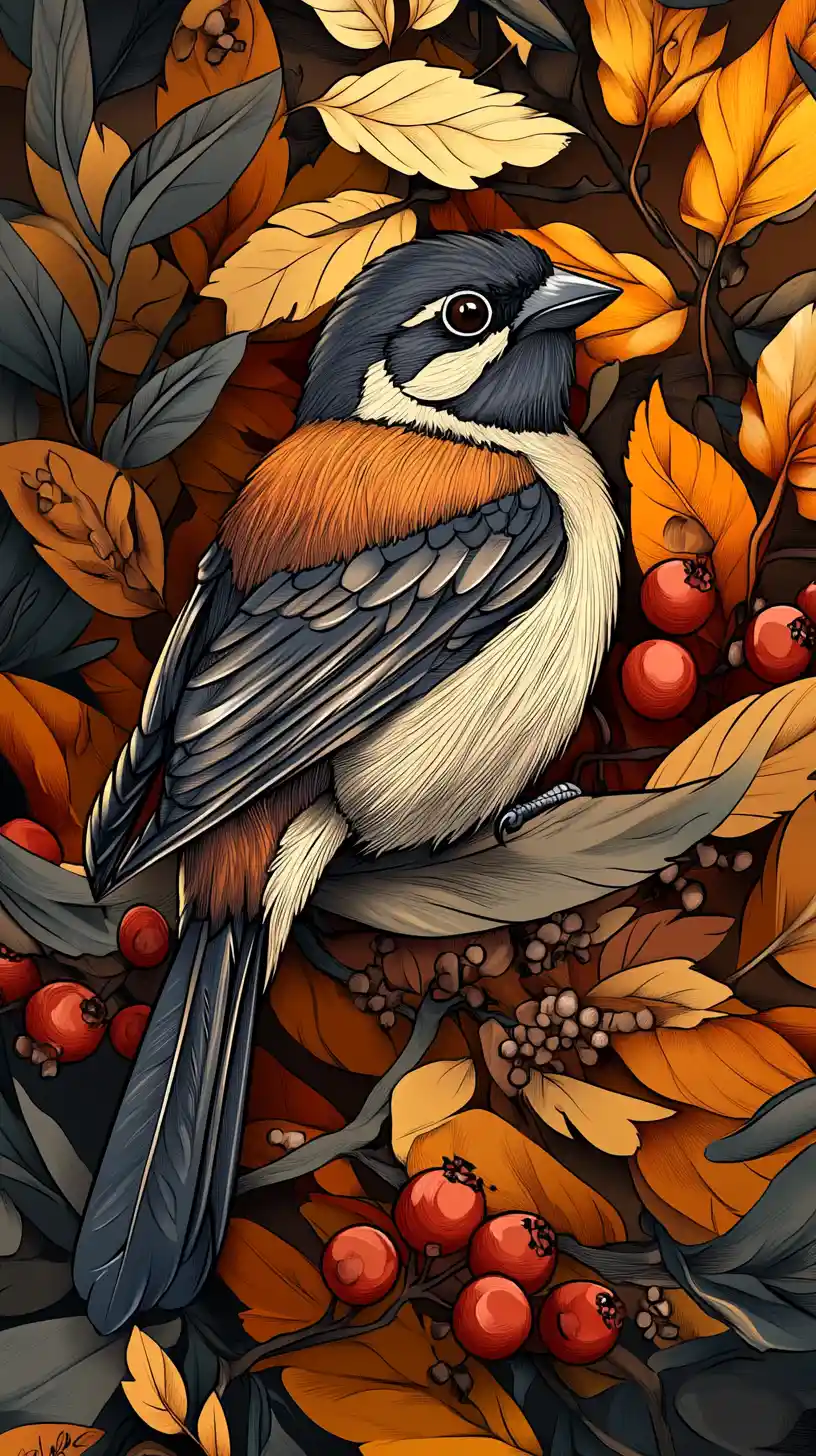 Detailed sparrow among leaves and berries with botanical branches