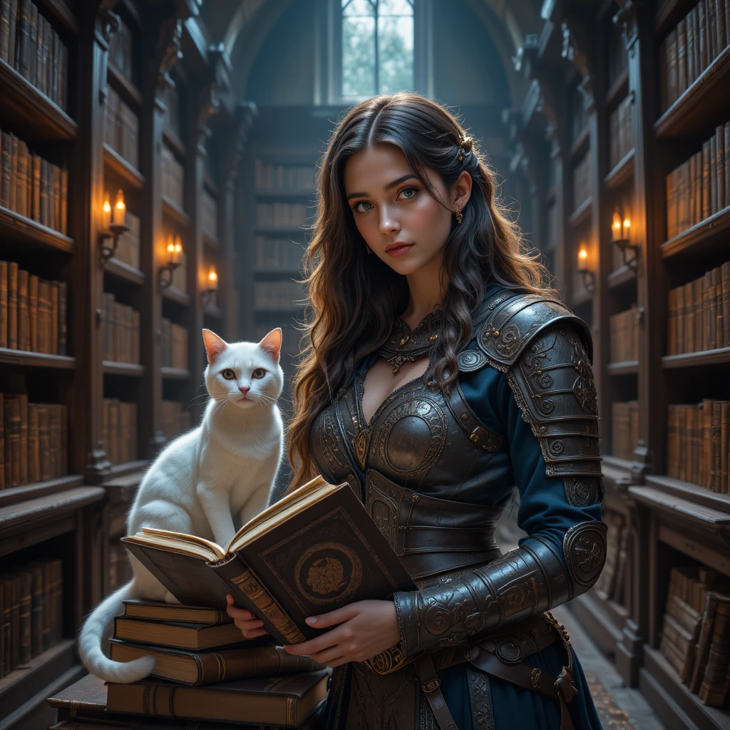 Guerreira lendo em uma biblioteca de fantasia medieval