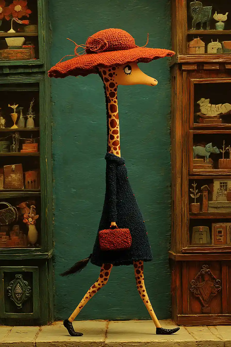 Giraffa stilosa che cammina di profilo lungo una strada cittadina