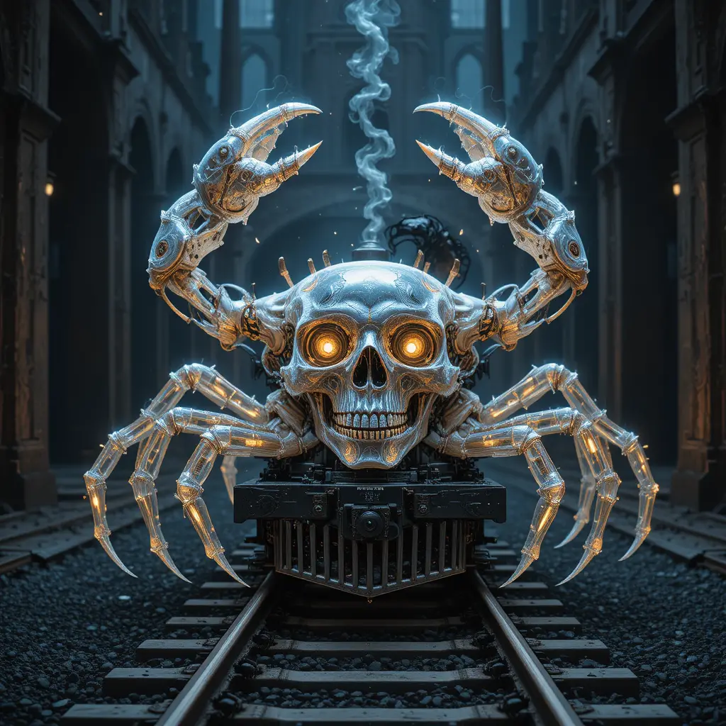 Hybrid skull creature at fiery gates of hell railway