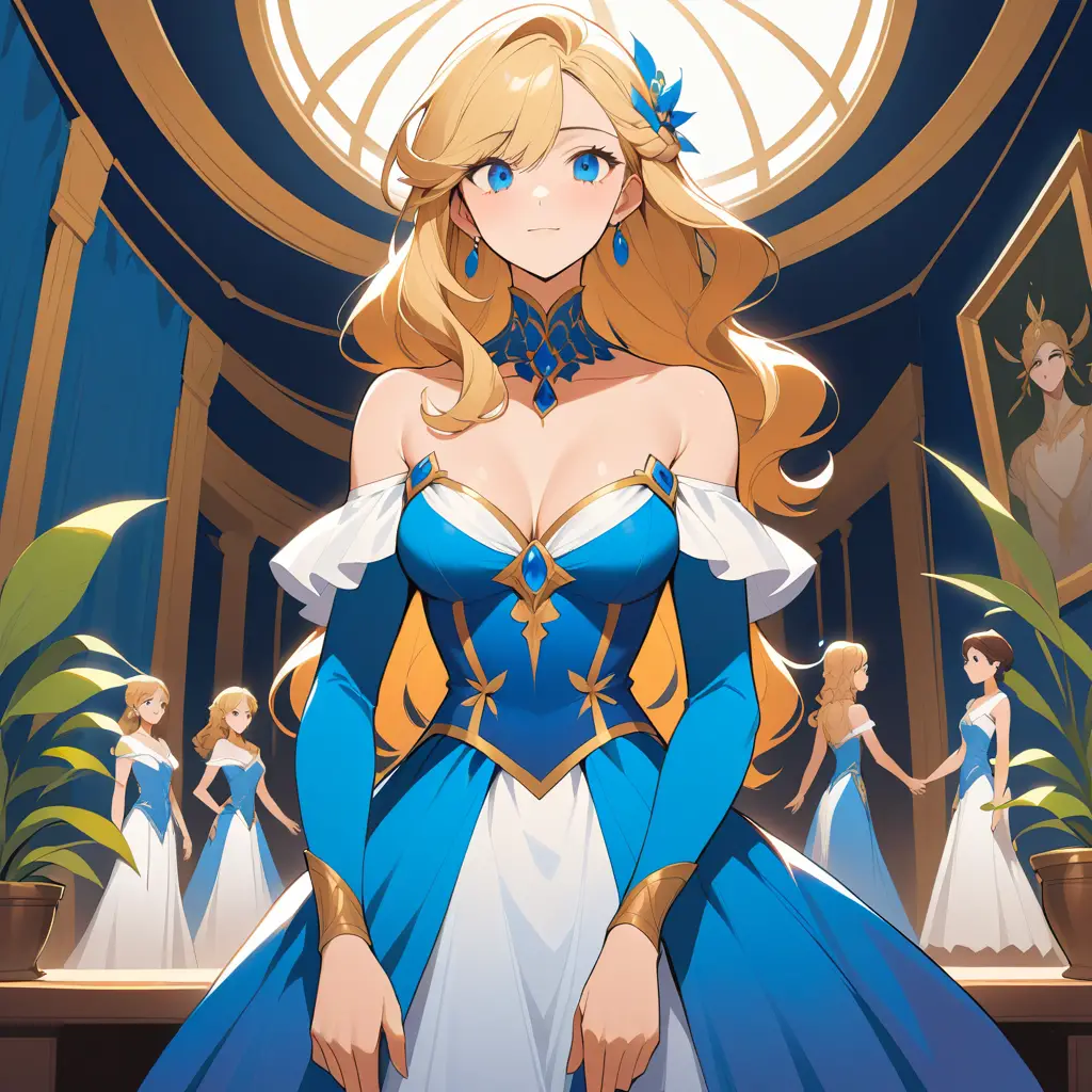 Mulher elegante em vestido azul em grande escadaria interna