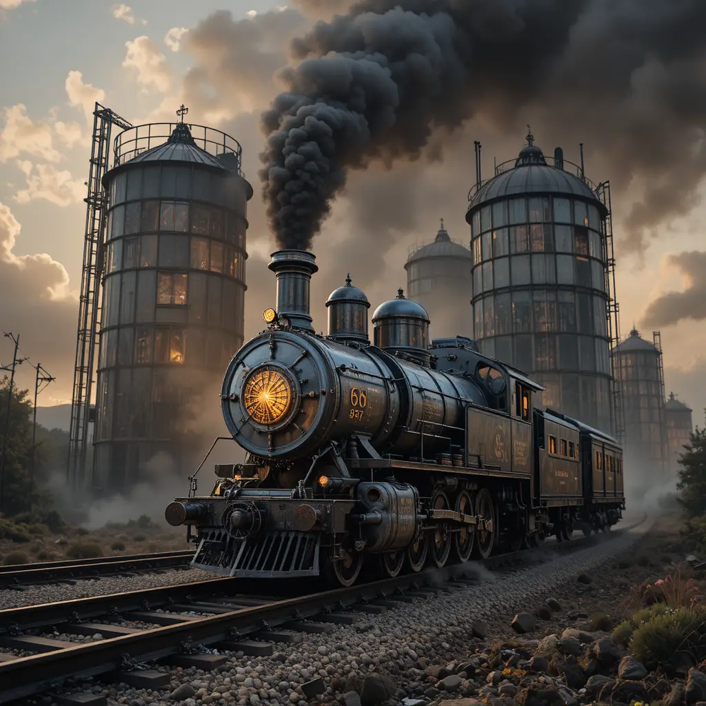 Mechanical skull hybrid at fiery gates of hell on tracks