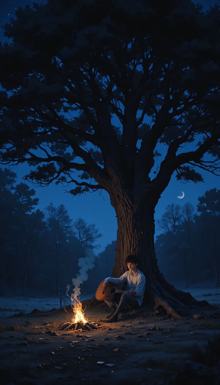 Anime boy under a moonlit tree in a quiet forest