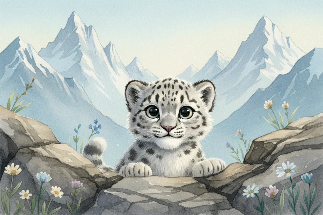 Bébé léopard des neiges regardant entre les rochers dans une prairie alpine