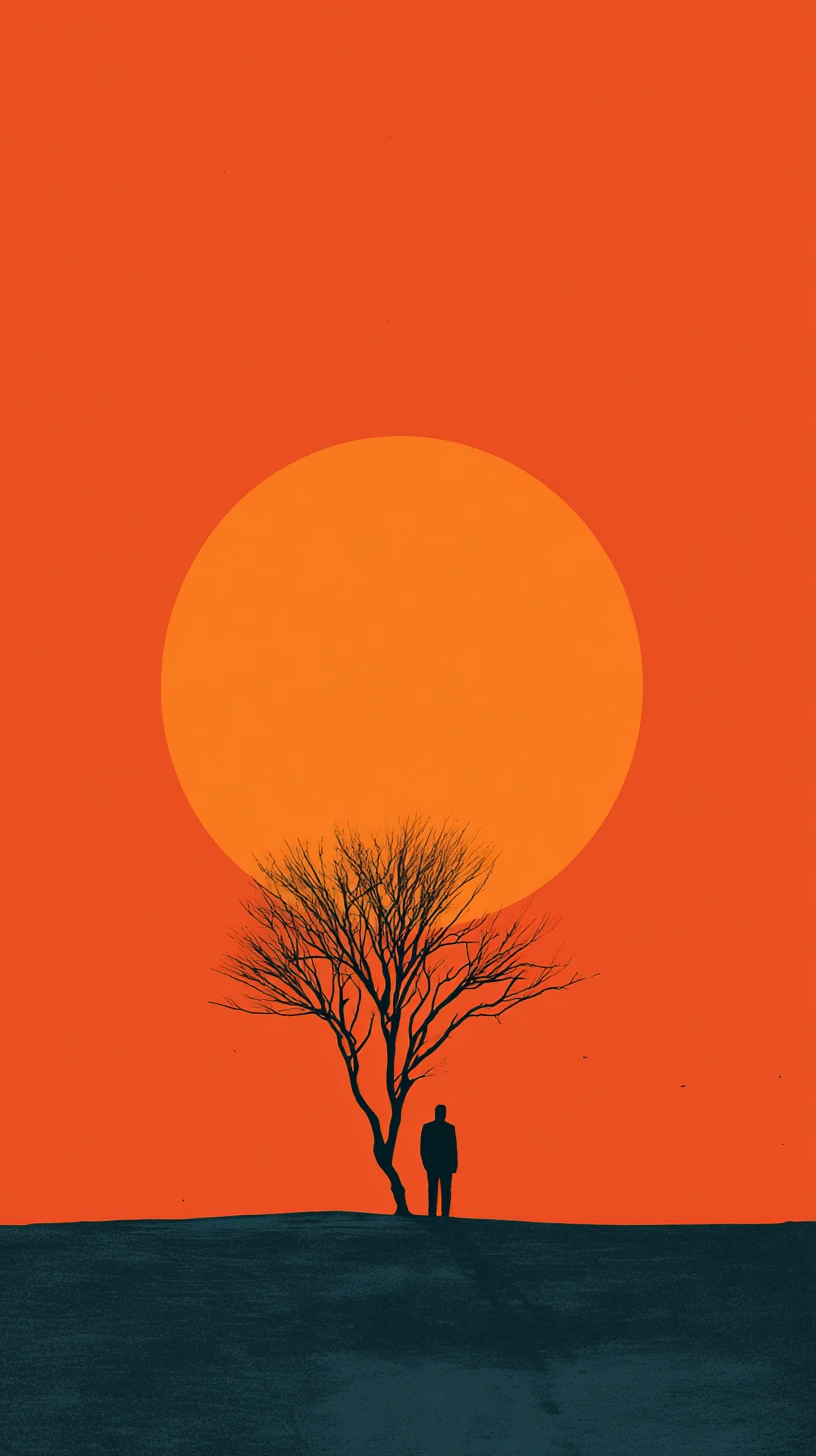 Minimalist silhouette under a bare tree at setting sun