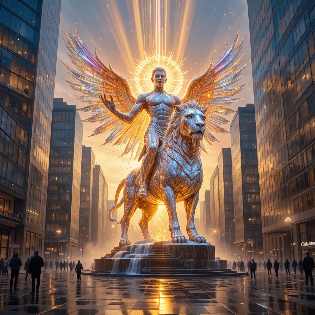Colossal diamond angel statue over a glowing city street