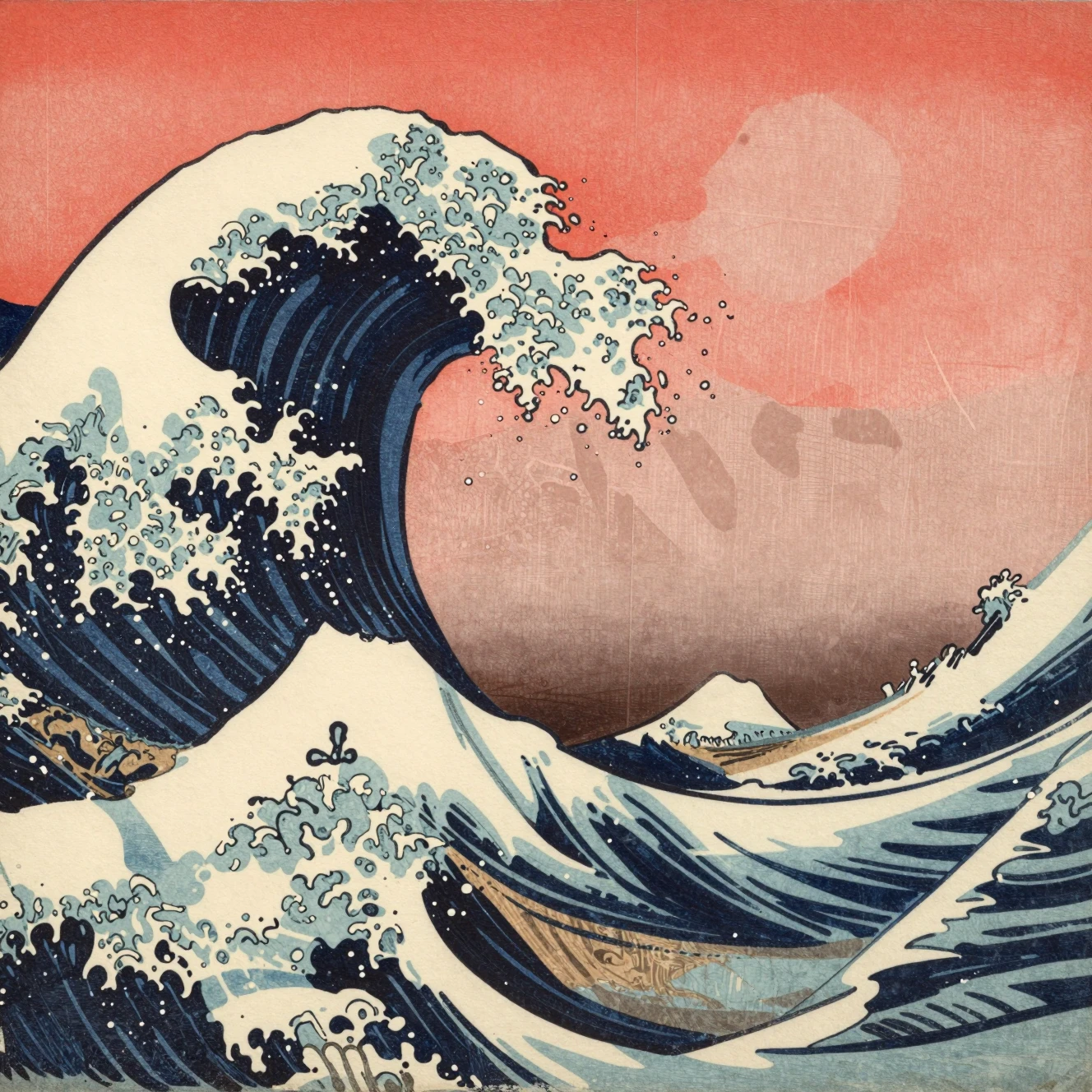 Traditional ukiyo e seascape with dramatic crashing waves