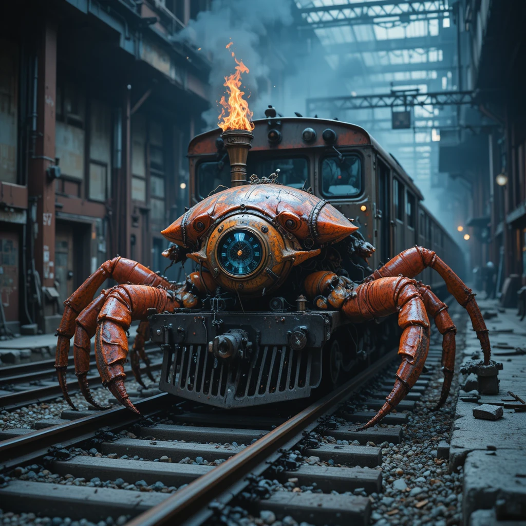 Surreal Zombie Crab Monster Stalking Along Railway Tracks