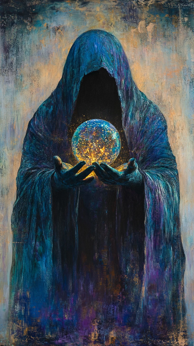 Figura encapuchada sosteniendo un orbe luminoso en una luz mística suave